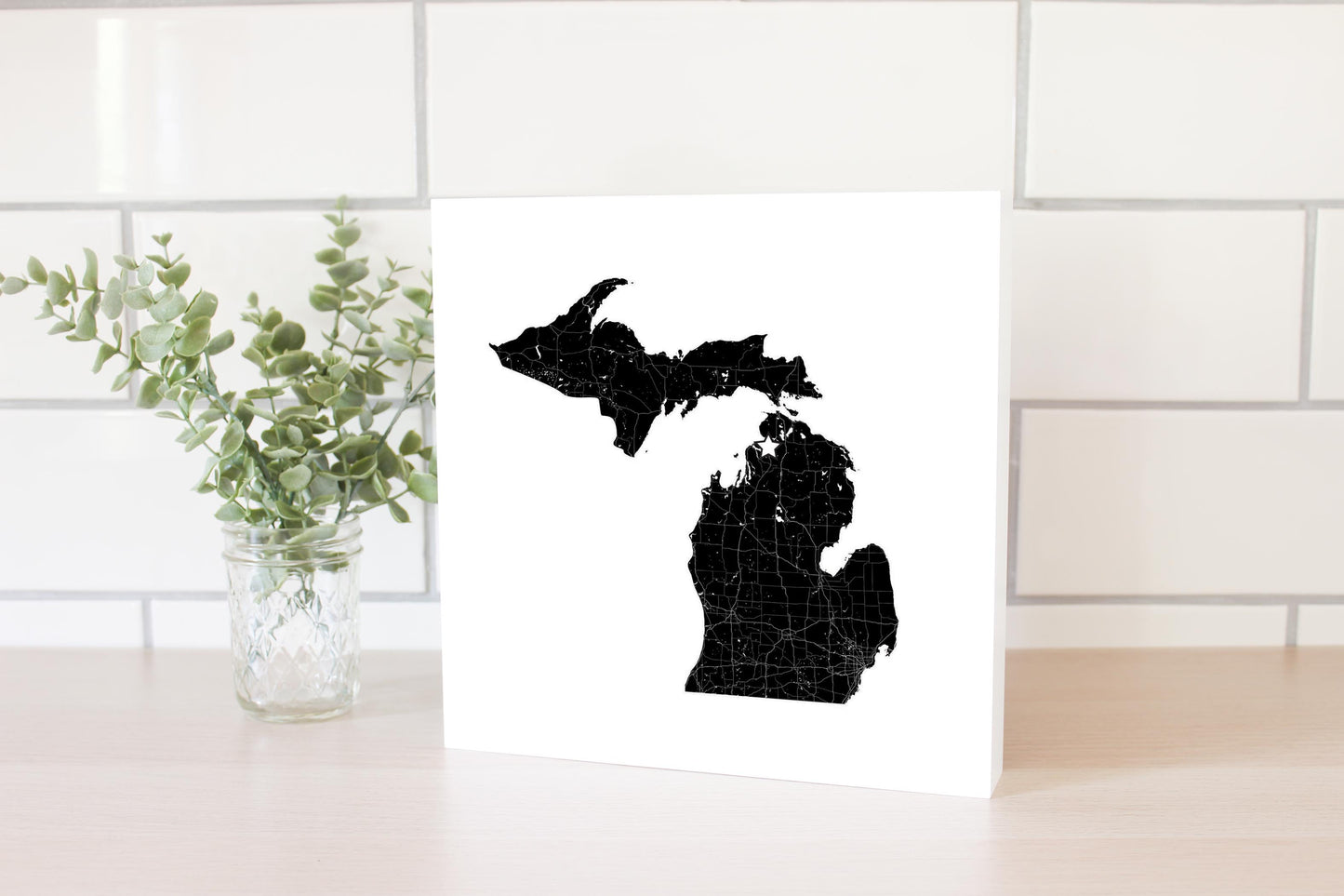 Minimalistic B&W Michigan Map Petoskey Star | Wood Block | Eaches | Min 2