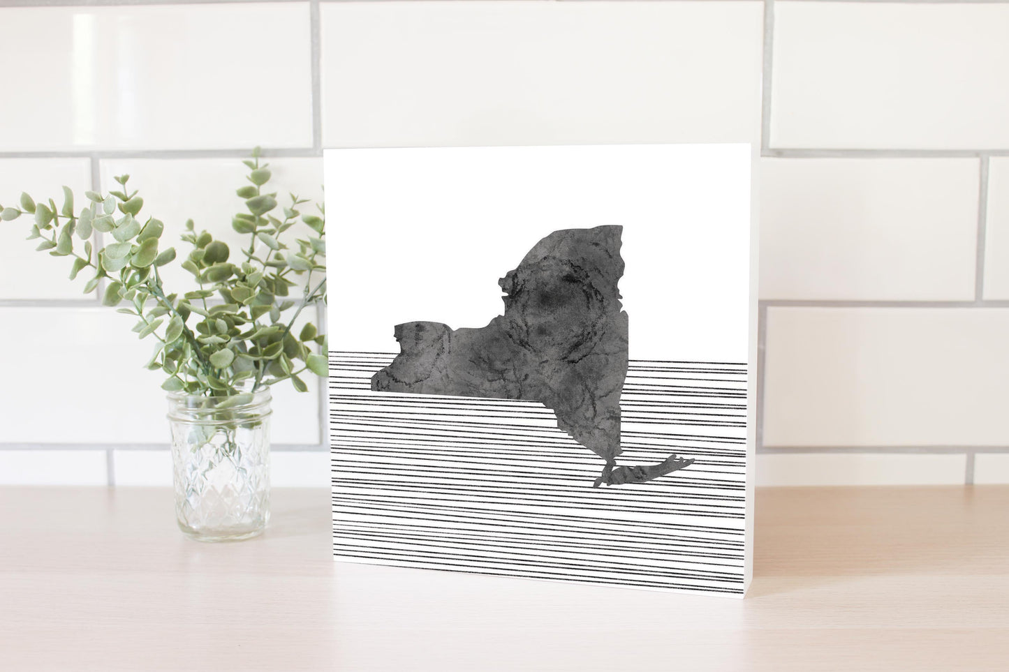 Minimalistic B&W New York Shape Straight Lines | Wood Block | Eaches | Min 2