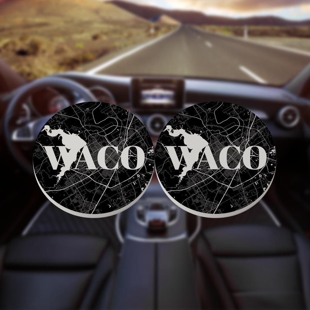 Minimalistic B&W Texas Waco Map | Absorbent Car Coasters | Set of 2 | Min 4