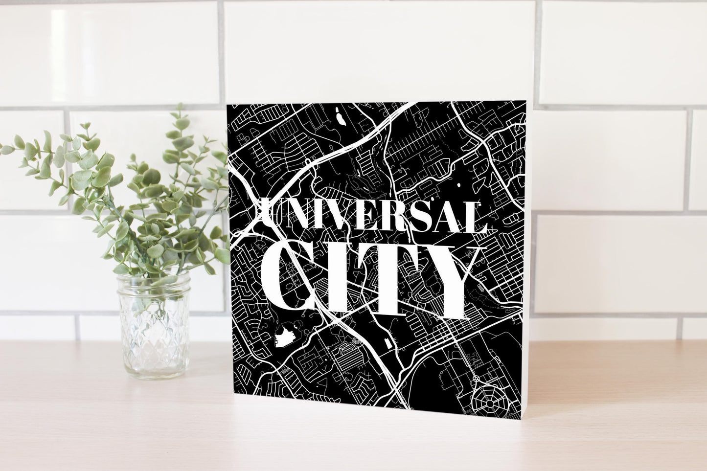 Minimalistic B&W Texas Universal City Map | Wood Block | Eaches | Min 2