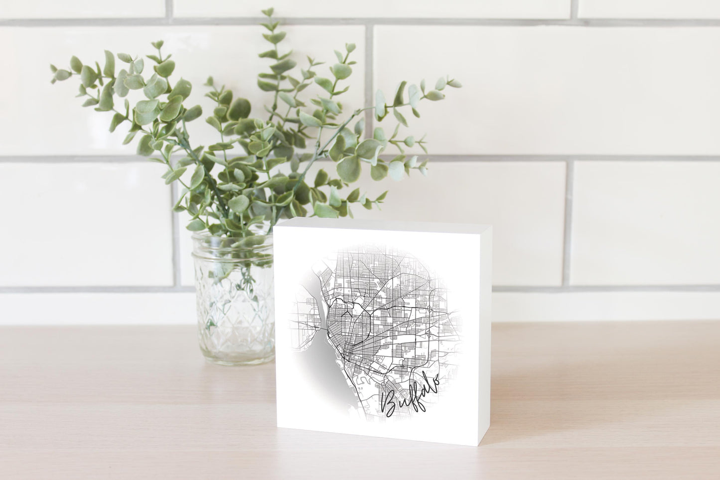 Minimalistic B&W New York Buffalo Faded Circle Map | Wood Block | Eaches | Min 4