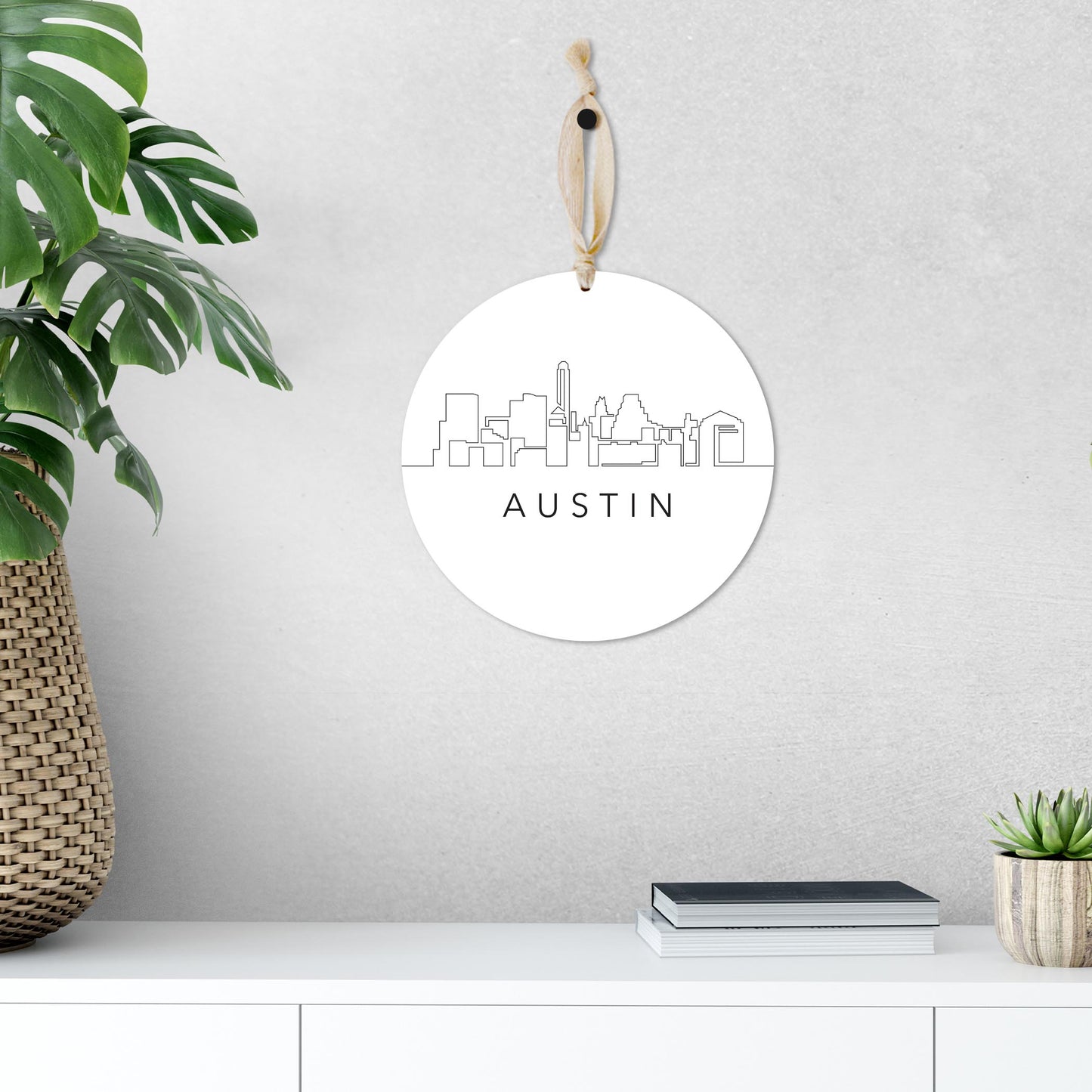 Minimalist B&W Texas Austin Skyline | Wood Ornament | Eaches | Min 1