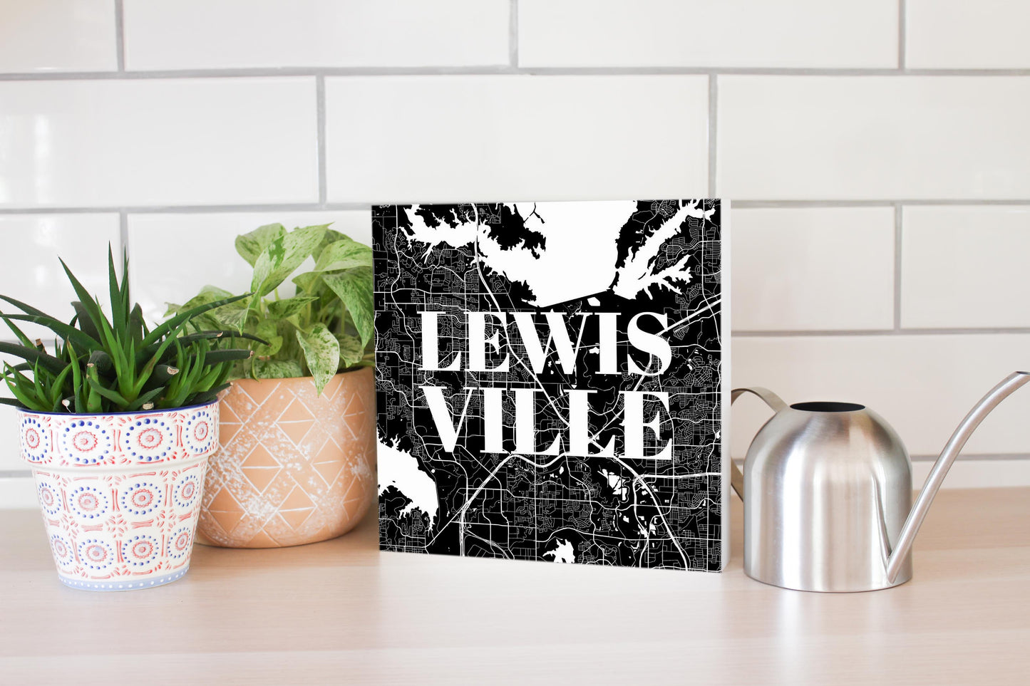 Minimalistic B&W Texas Lewisville Map | Wood Block | Eaches | Min 2