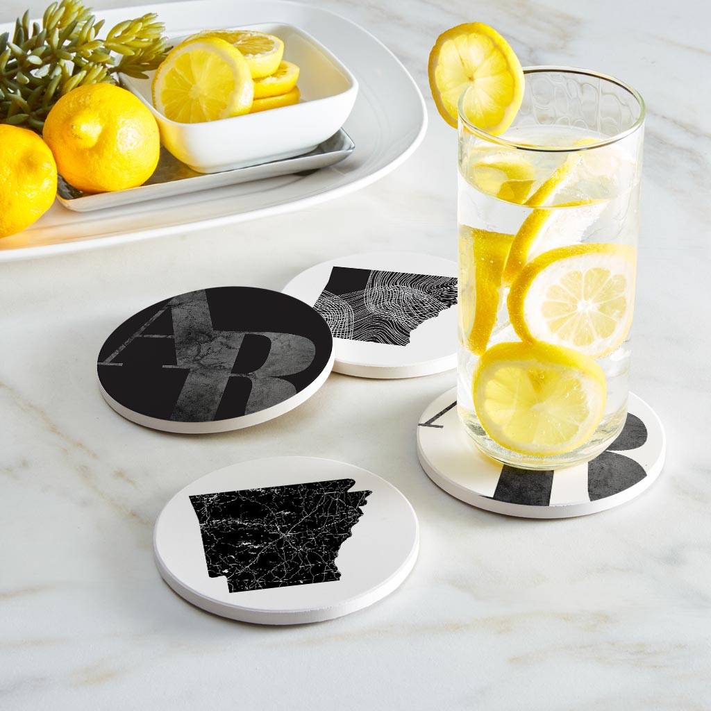 B&W Minimalist Arkansas Initials And State Shapes | Absorbent Coasters | Set of 4 | Min 2
