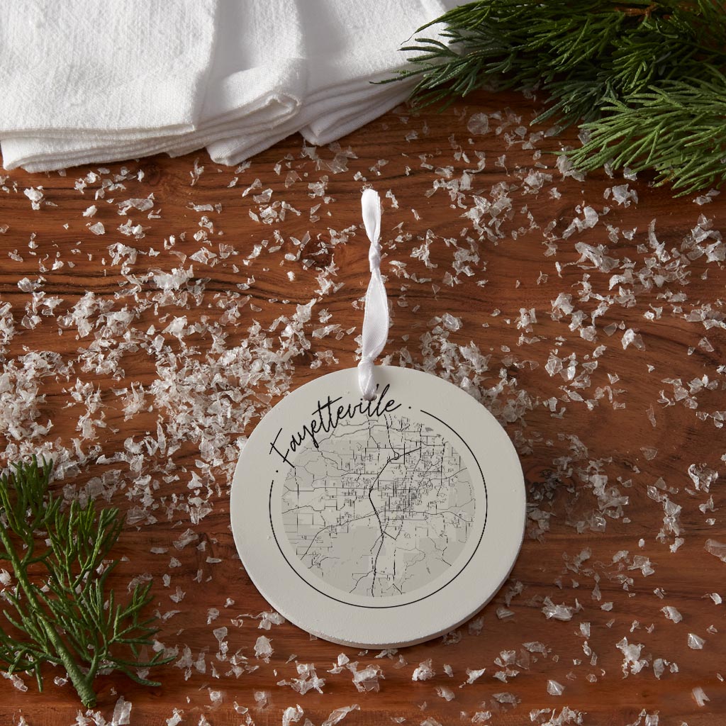 B&W Minimalist Arkansas Fayetteville Circle Map | Wood Ornament | Eaches | Min 6