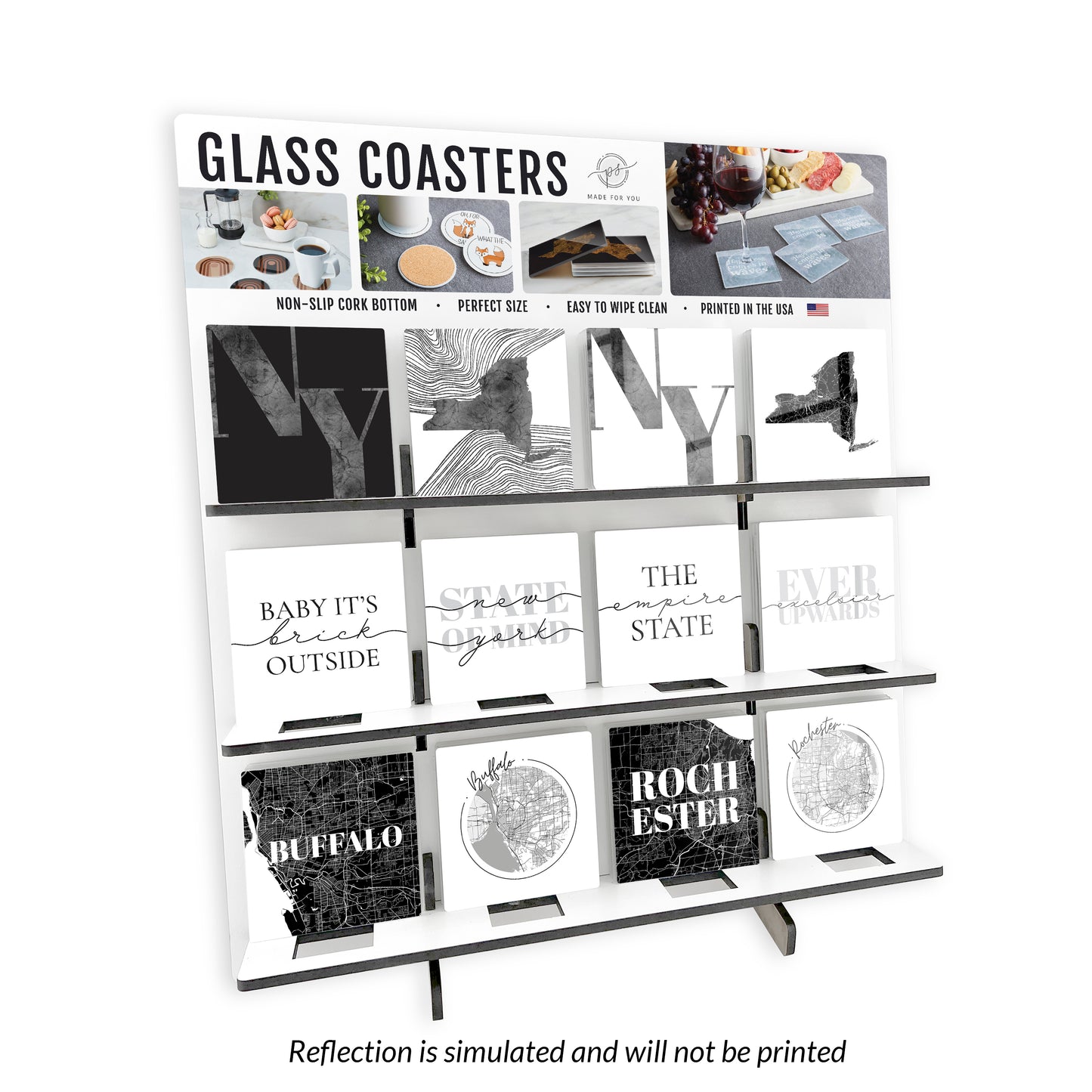 Minimalistic B&W New York Glass Square Coaster Loaded Display POP Min of 1