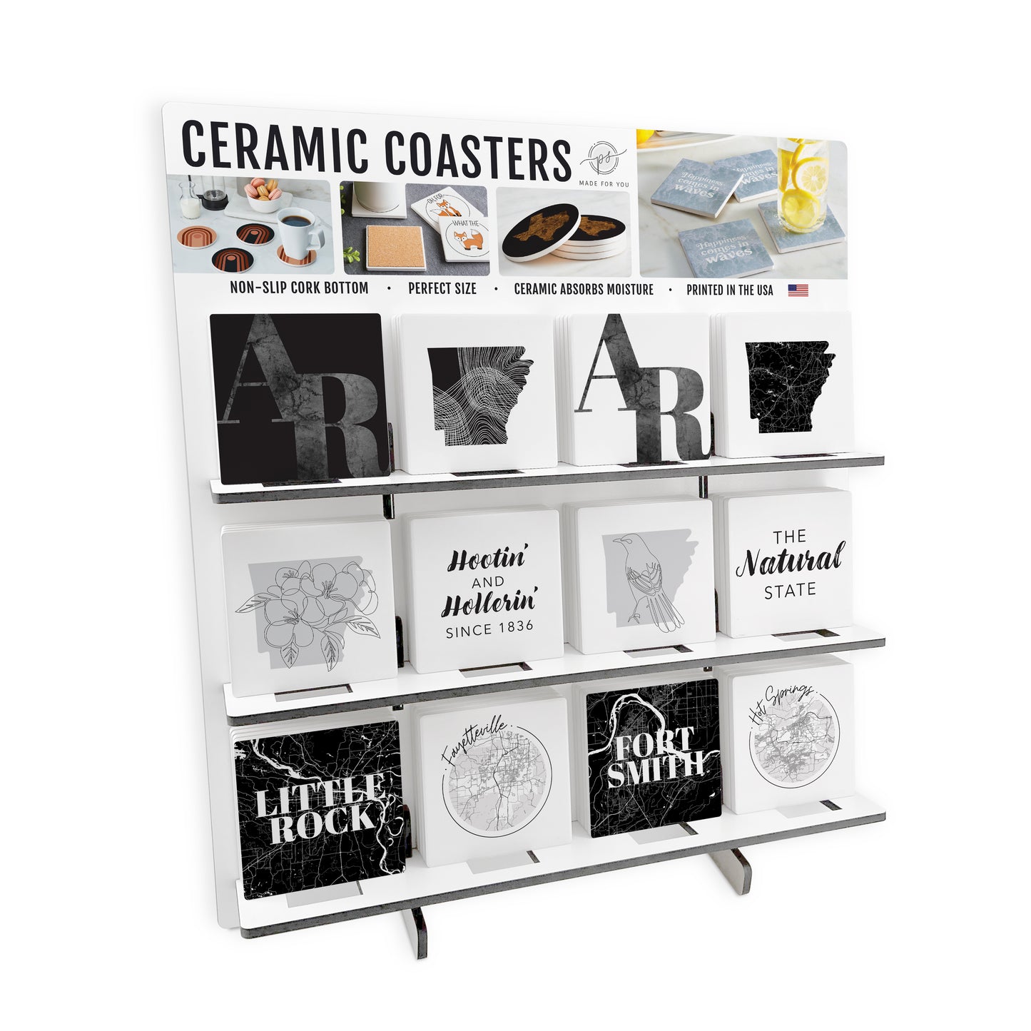 B&W Minimalist Arkansas Ceramic Square Coaster Loaded Display POP Min of 1