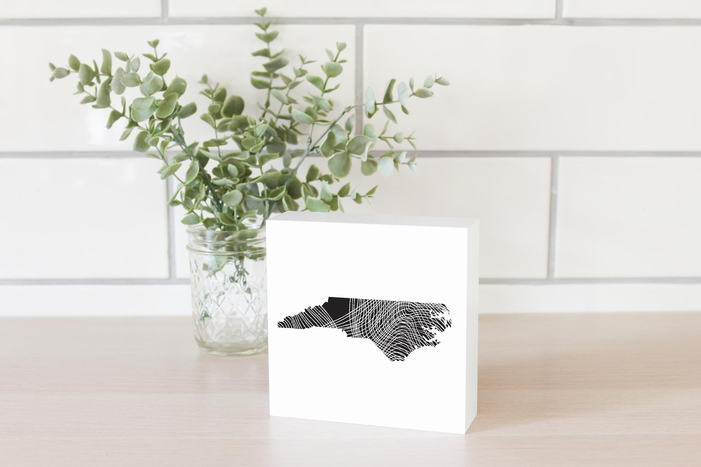 Minimalistic B&W North Carolina State Black With Fluid Lines | Wood Block | Eaches | Min 4