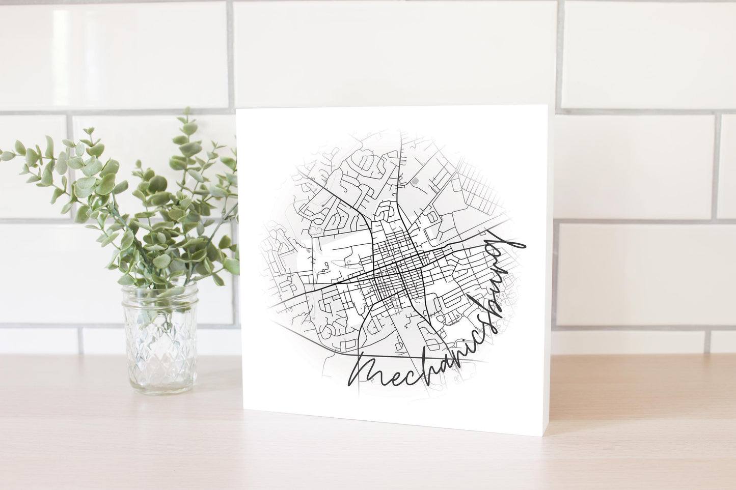 Minimalistic B&W Pennsylvania Mechanicsburg Circle Map | Wood Block | Eaches | Min 2