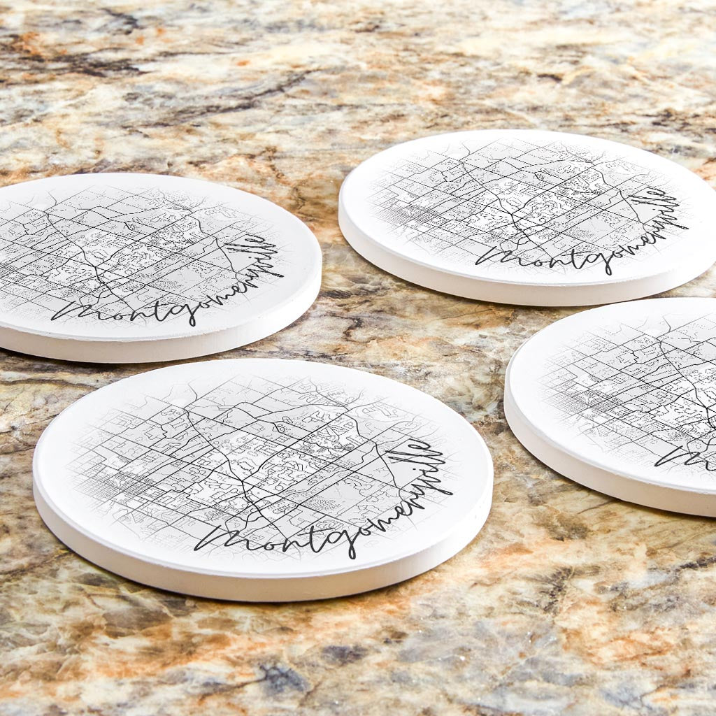 Minimalistic B&W Pennsylvania Montgomeryville Circle Map | Absorbent Coasters | Set of 4 | Min 2
