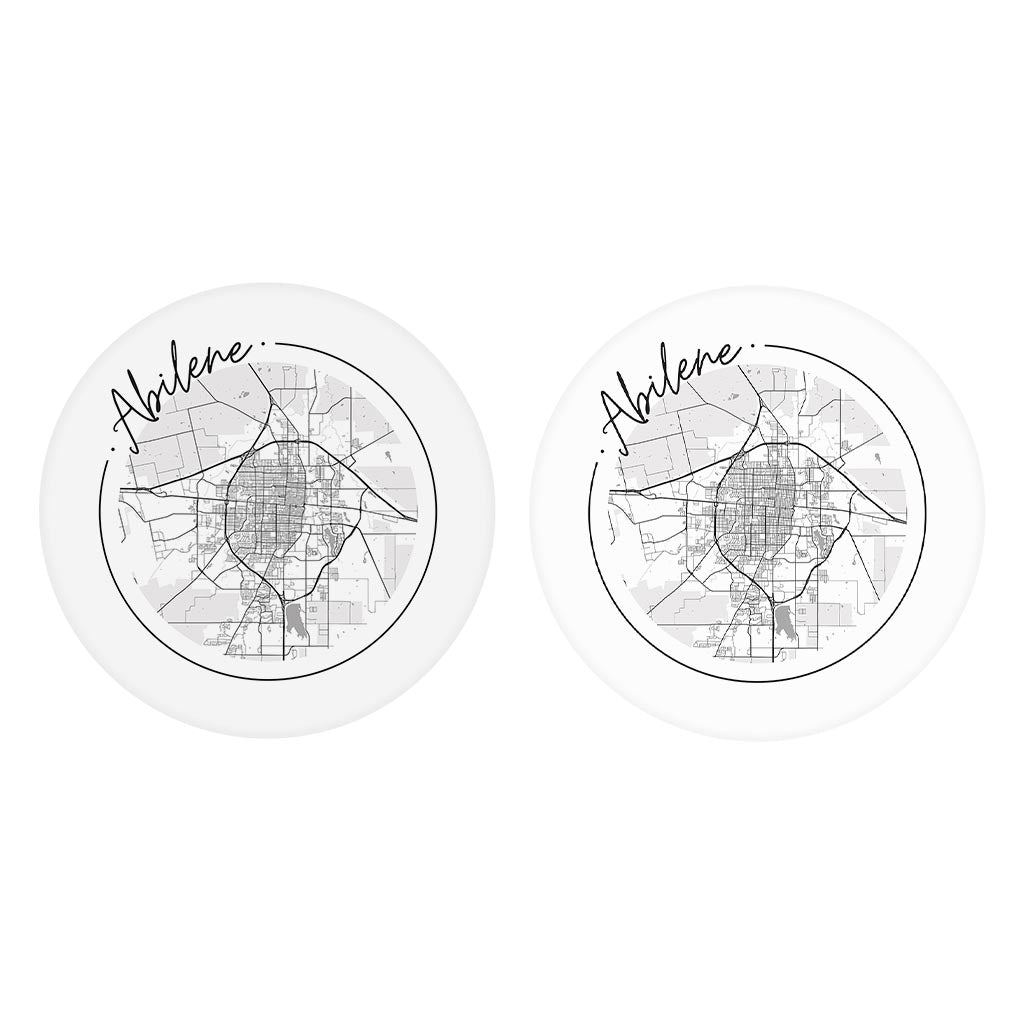 Minimalist B&W Texas Abilene Circle Map | Absorbent Car Coasters | Set of 2 | Min 4