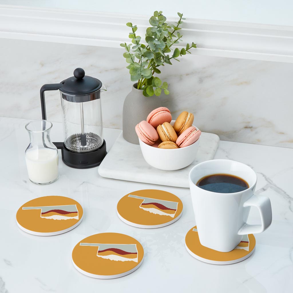 Modern Minimalist Oklahoma Orange Retro State Shape With Hills | Absorbent Coasters | Set of 4 | Min 2