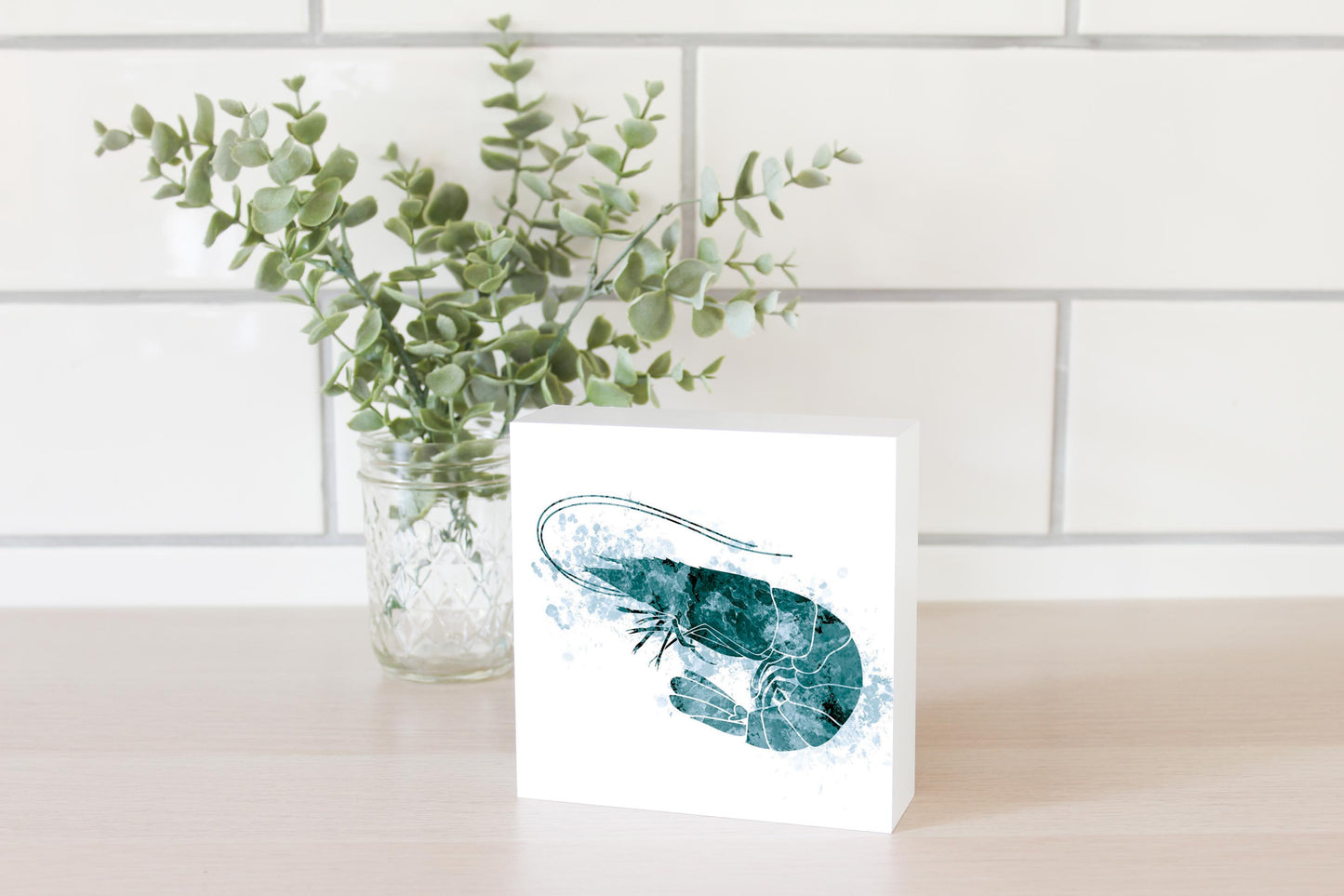 Blue White Water Color Shrimp | Wood Block | Eaches | Min 4
