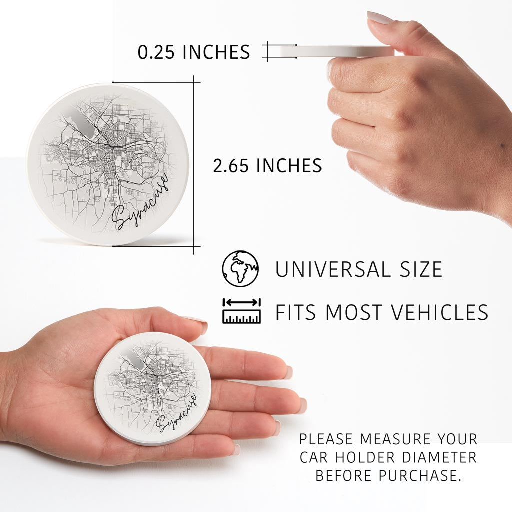 Minimalistic B&W New York Syracuse Faded Circle Map | Absorbent Car Coasters | Set of 2 | Min 4