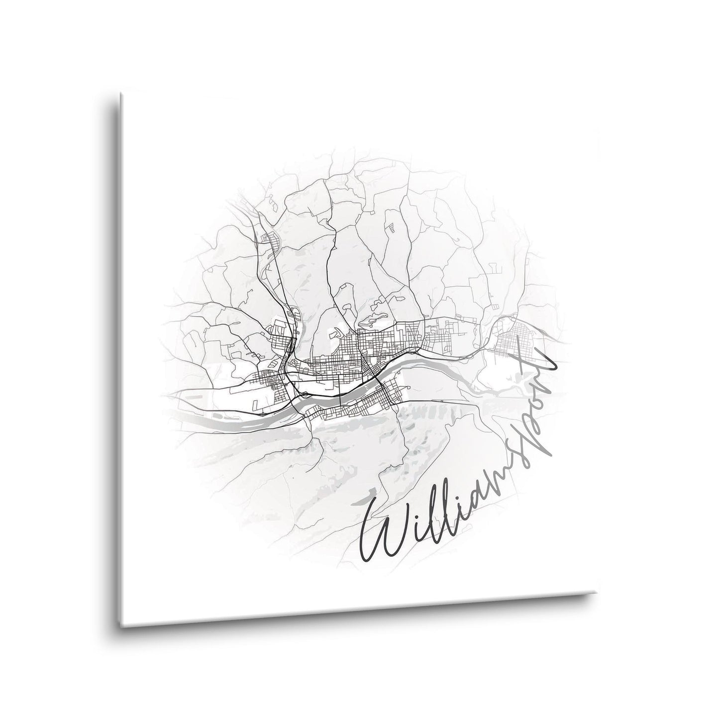 Minimalistic B&W Pennsylvania Williamsport Circle Map | Hi-Def Glass Art | Eaches | Min 1