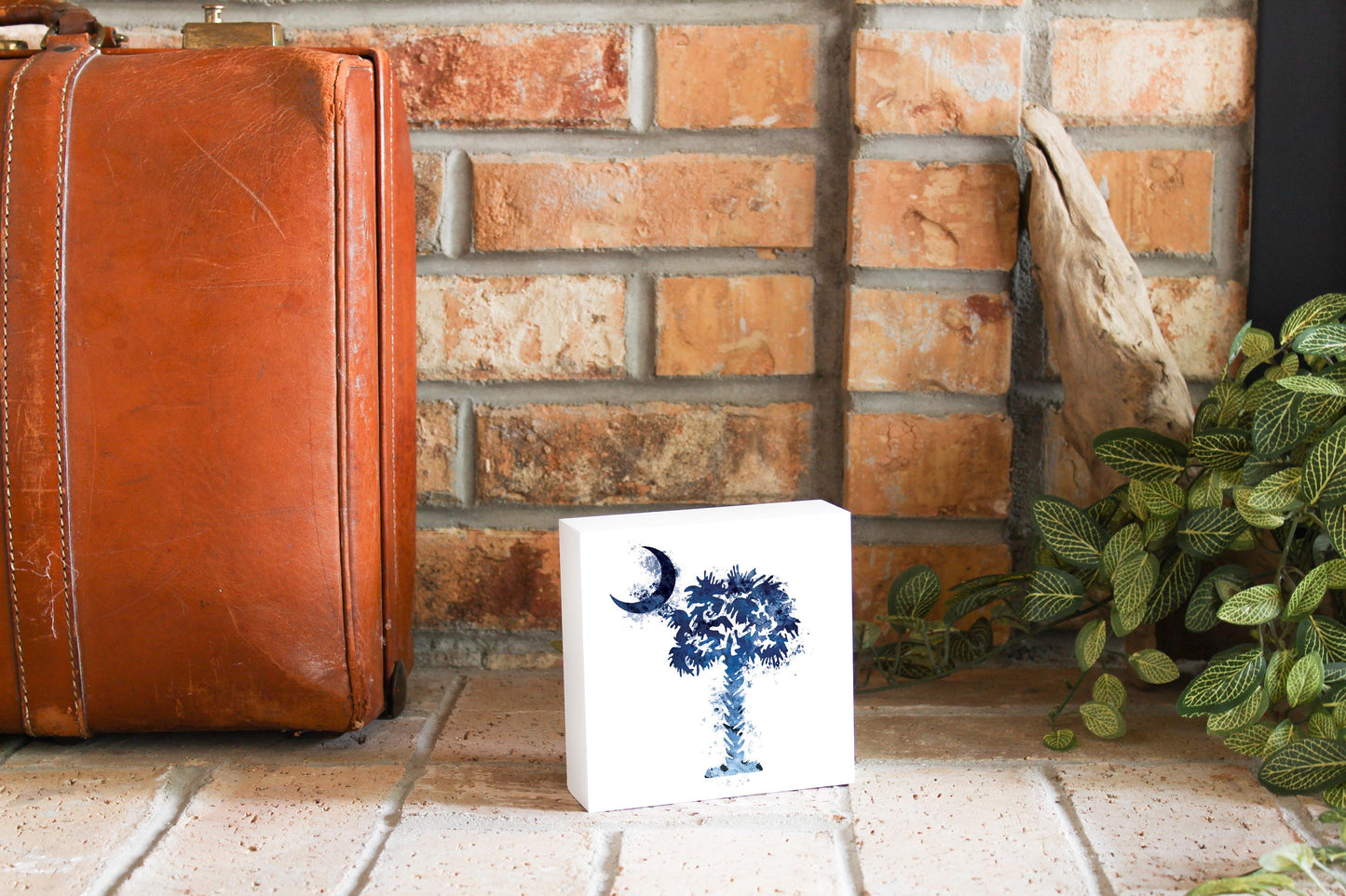South Carolina Blue Water Color Palm Trees On White | Wood Block | Eaches | Min 4