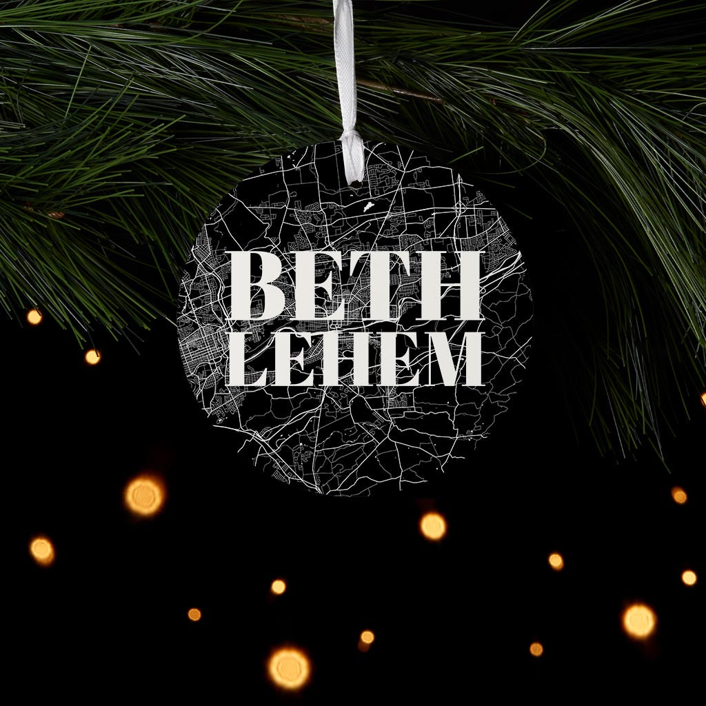 Minimalistic B&W Pennsylvania Bethlehem Map| Wood Ornament | Eaches | Min 6
