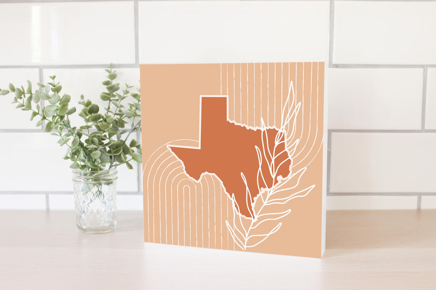 Modern Minimalist Texas State Shape With Leaf | Wood Block | Eaches | Min 2