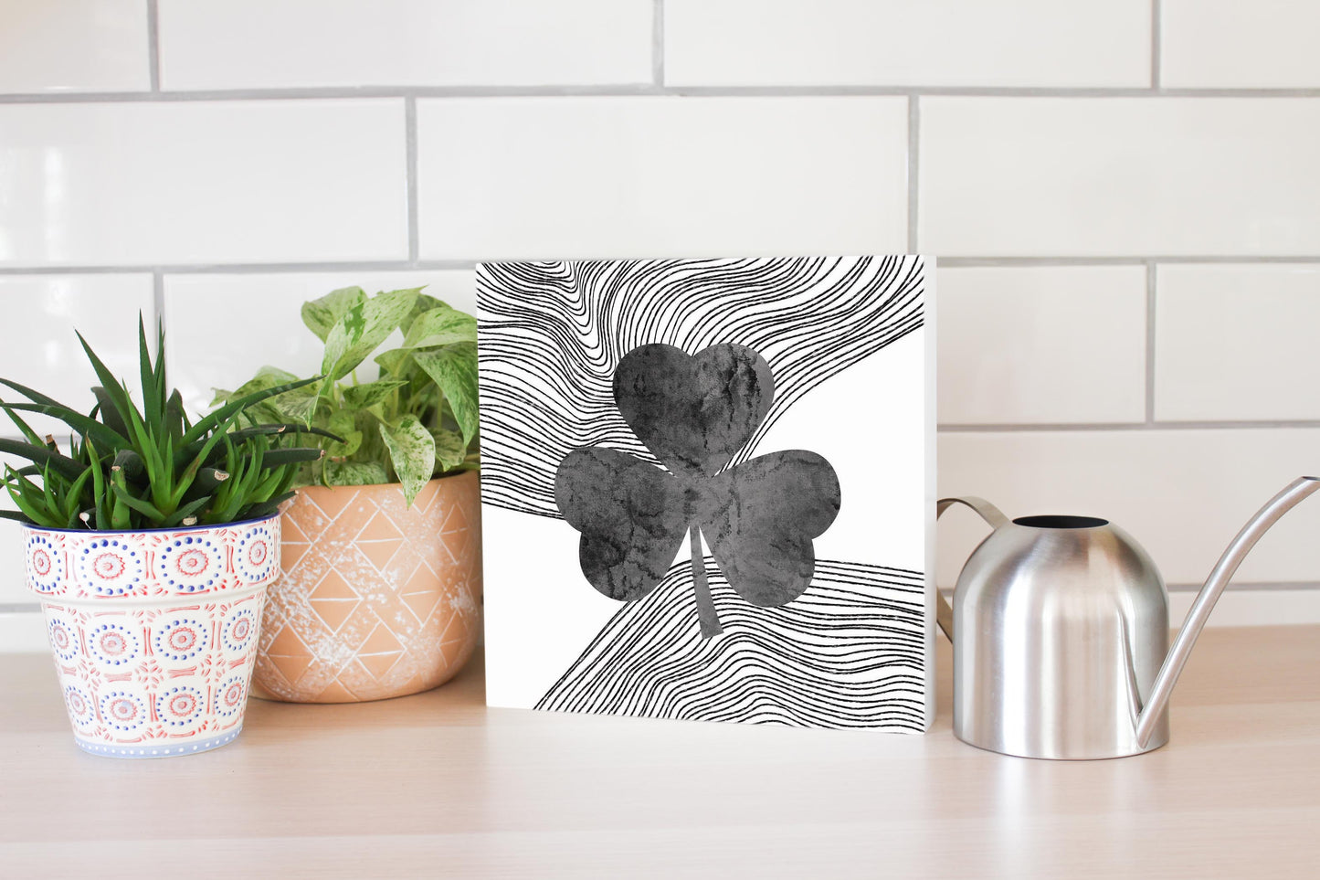 Minimalistic B&W Shamrock Fluid Lines | Wood Block | Eaches | Min 2