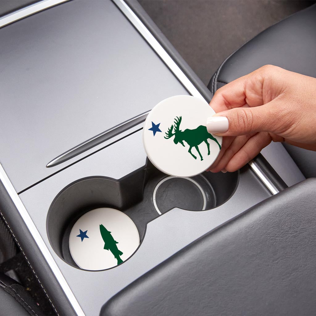 New England Star With Trout Moose| Absorbent Car Coasters | Set of 2 | Min 4