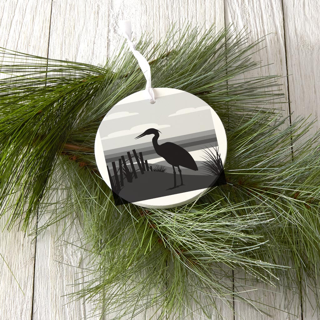 Minimalistic B&W Cape Cod Heron Illustration | Wood Ornament | Eaches | Min 6