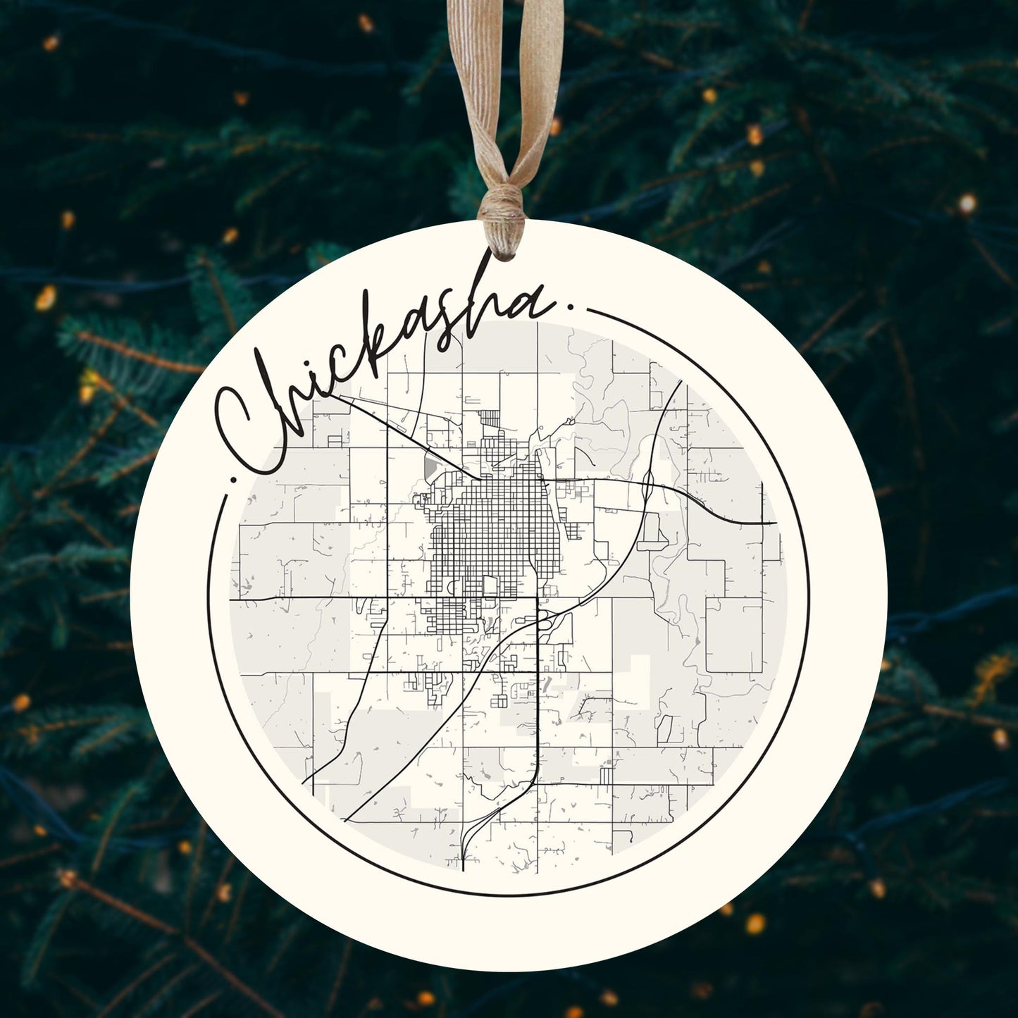 Modern Minimalist Oklahoma Chickasha Map | Wood Ornament | Eaches | Min 1