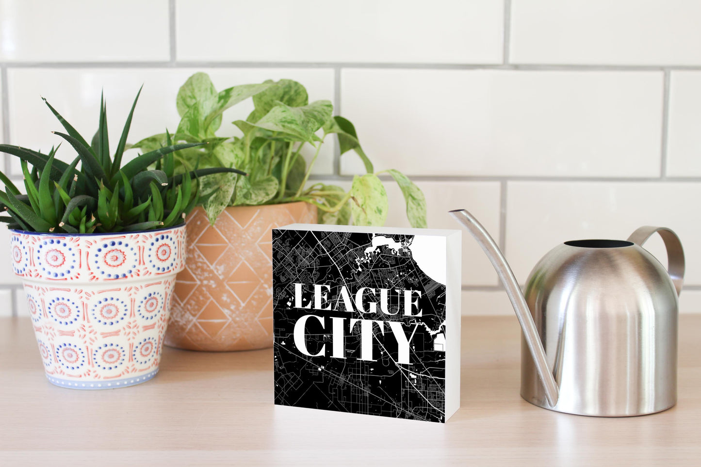 Minimalistic B&W Texas League City Map| Wood Block | Eaches | Min 4
