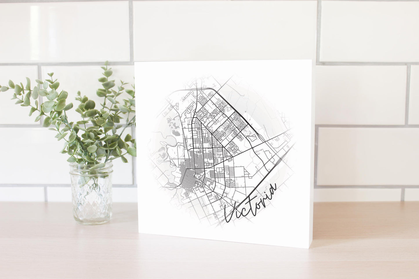 Minimalistic B&W Texas Victoria Circle Map | Wood Block | Eaches | Min 2