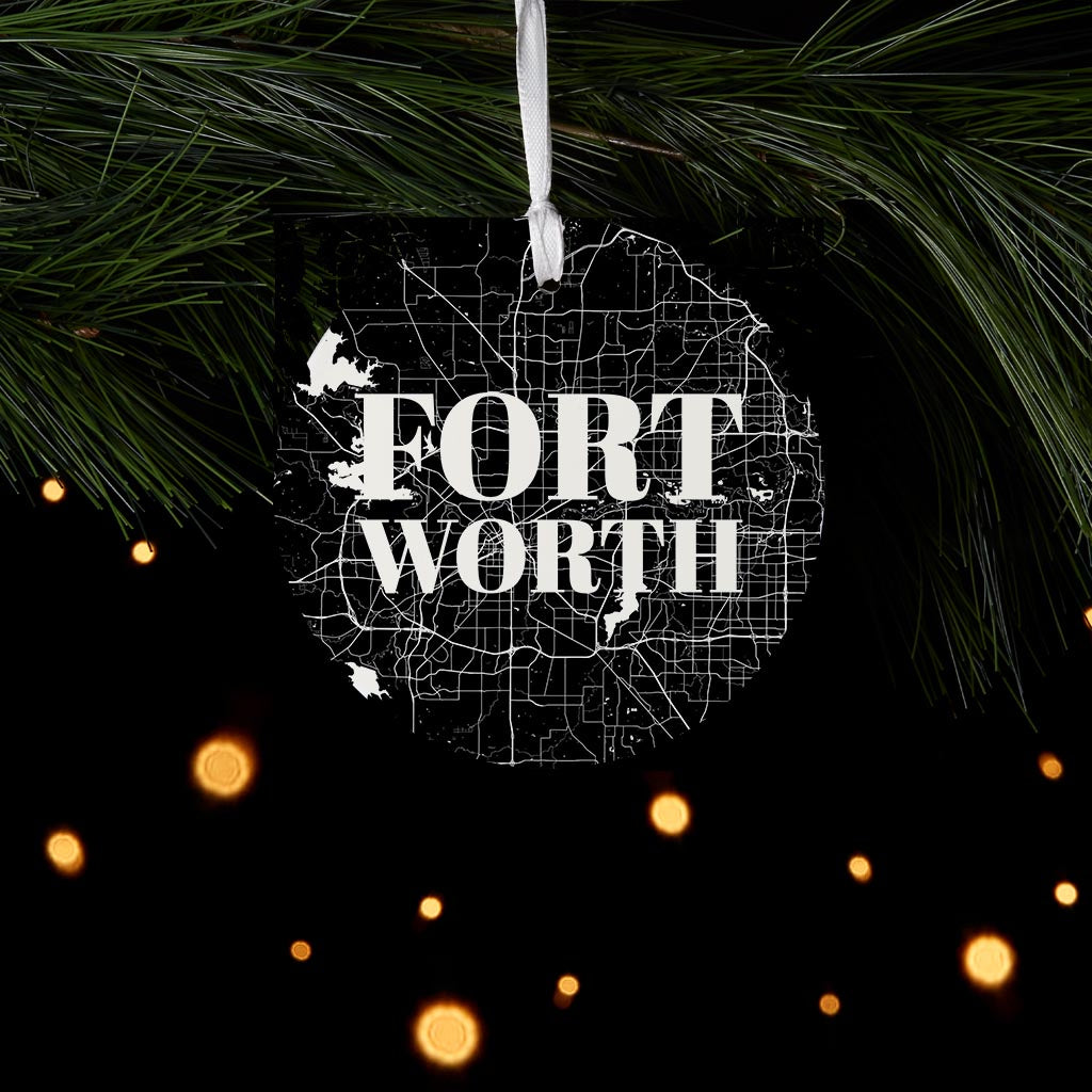 Minimalistic B&W Texas Fort Worth Map | Wood Ornament | Eaches | Min 6