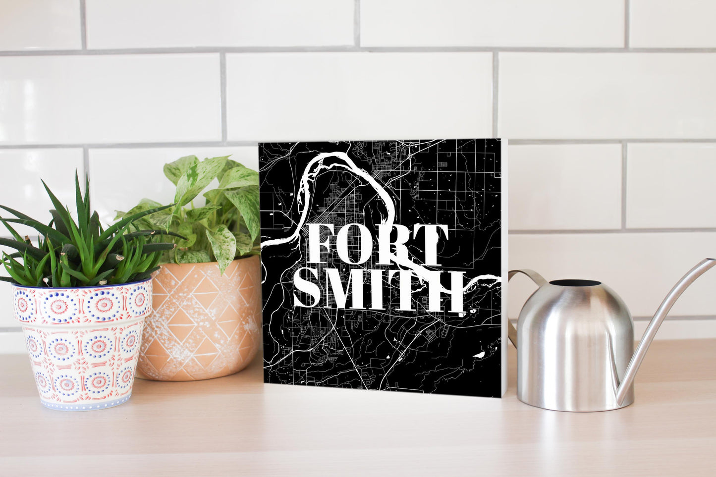 B&W Minimalist Arkansas Fort Smith Map | Wood Block | Eaches | Min 2