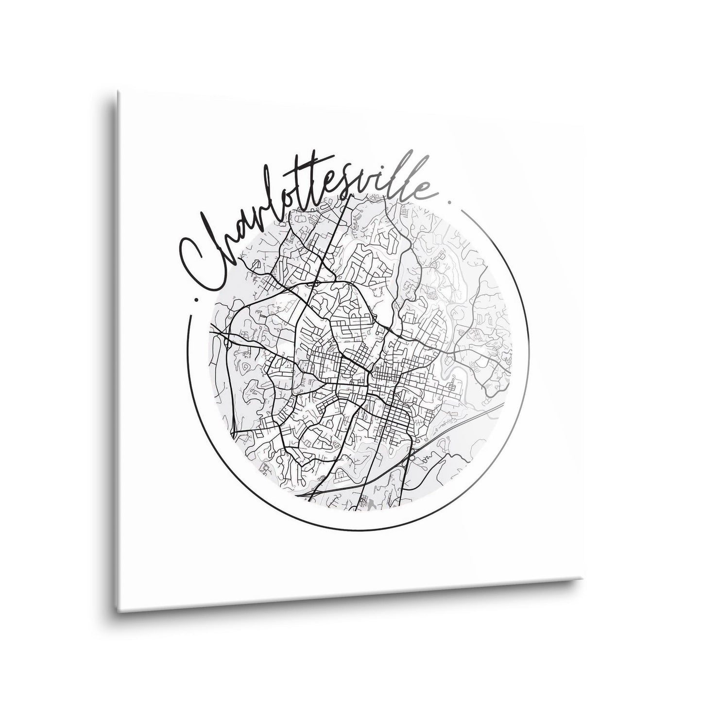 Minimalistic B&W Virginia Charlottesville Circle Map | Hi-Def Glass Art | Eaches | Min 1
