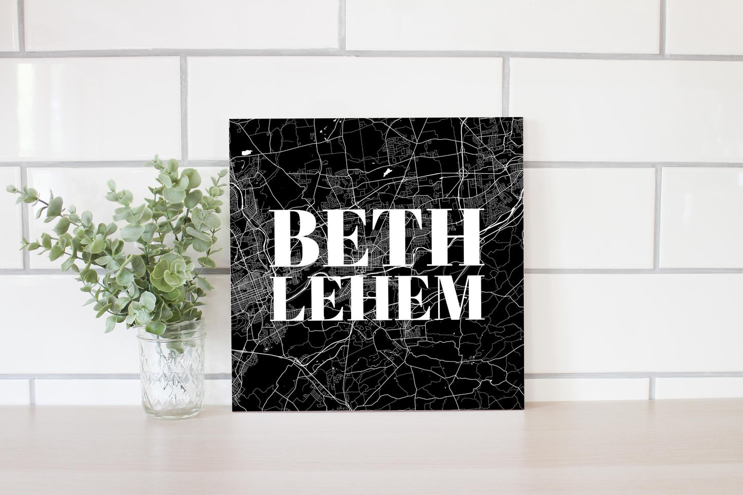 Minimalistic B&W Pennsylvania Bethlehem Map | Wood Sign | Eaches | Min 2
