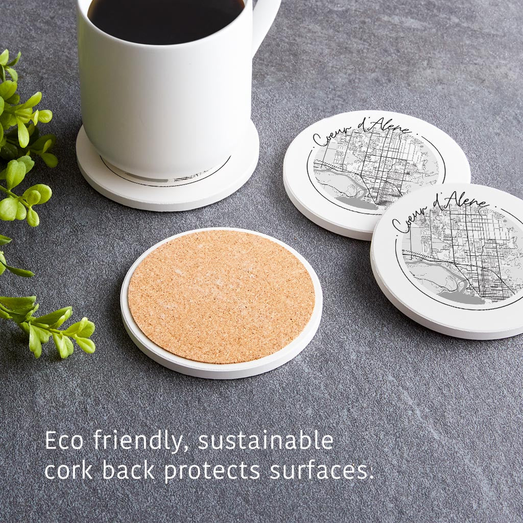 Minimalist B&W Idaho Coeur Dalene Circle Map | Absorbent Coasters | Set of 4 | Min 2