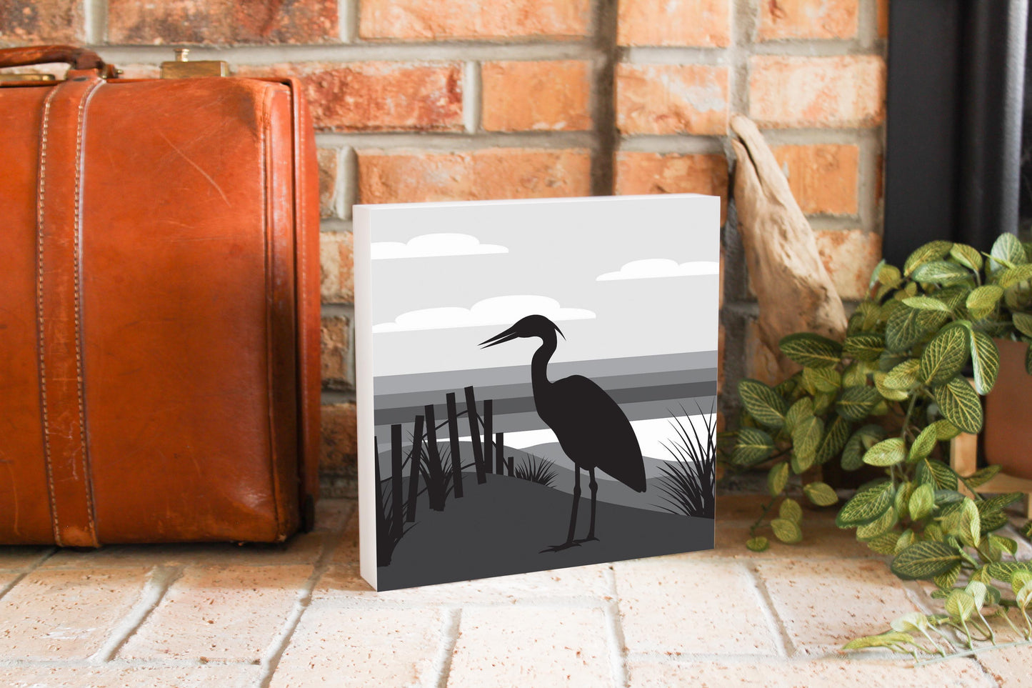 Minimalistic B&W Cape Cod Heron Illustration | Wood Block | Eaches | Min 2