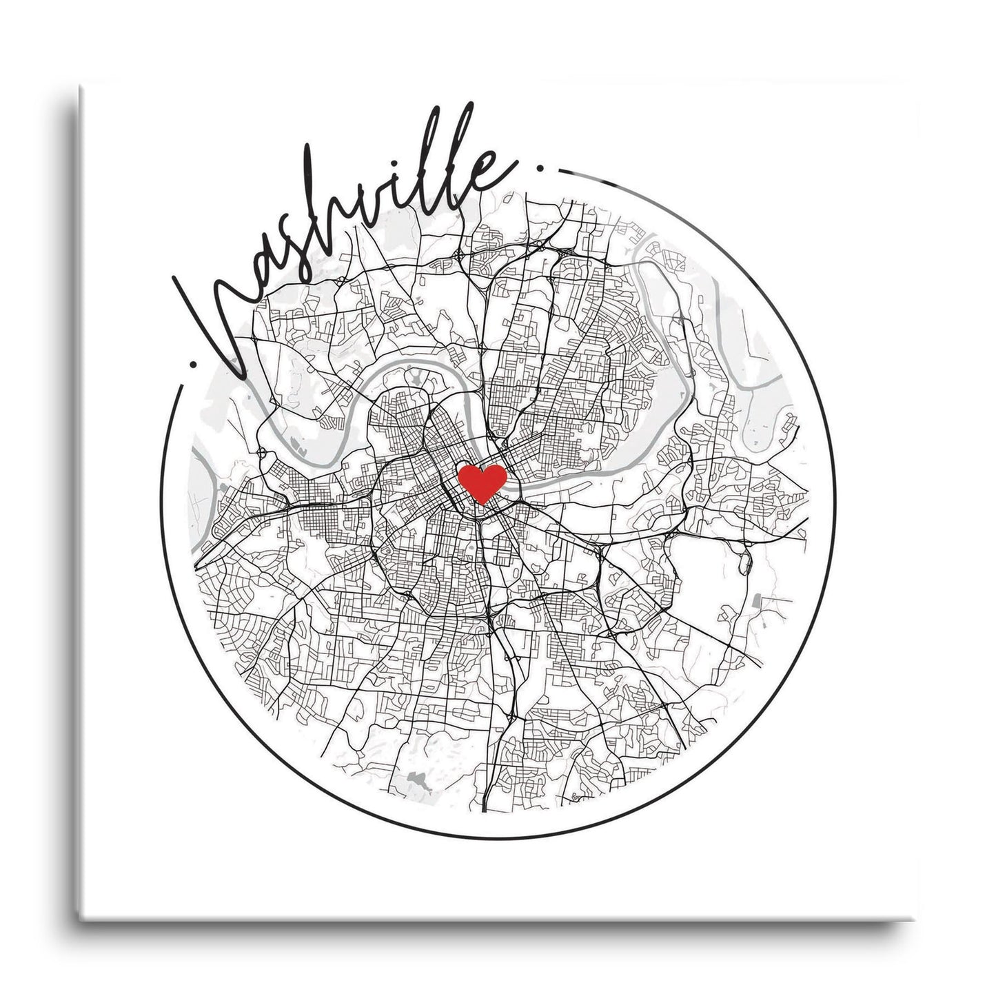 Minimalist B&W Tennessee Nashville Circle Map Heart | Hi-Def Glass Art | Eaches | Min 1