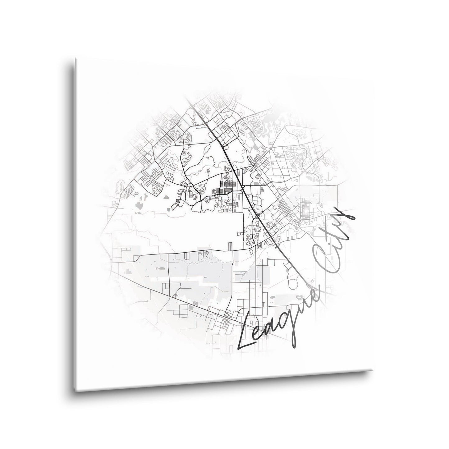 Minimalistic B&W Texas League City Circle Map | Hi-Def Glass Art | Eaches | Min 2