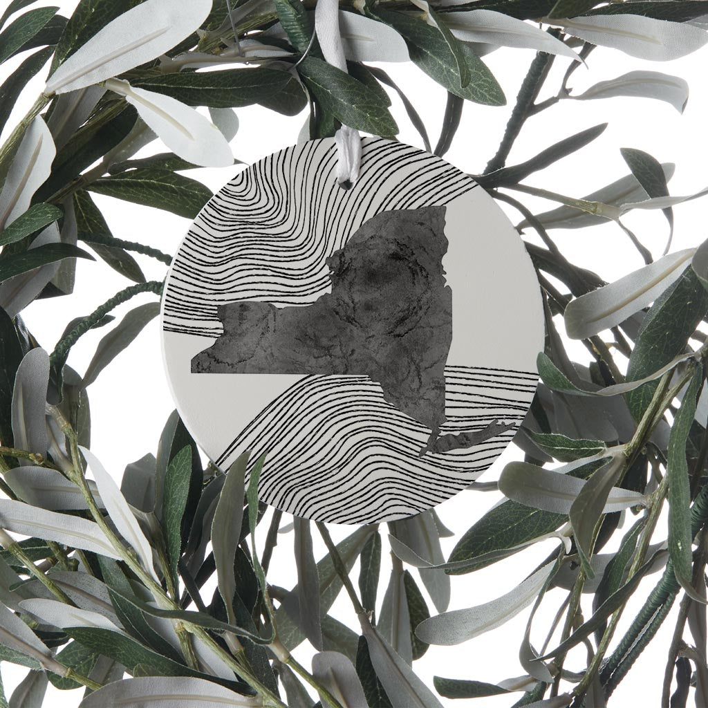 Minimalistic B&W New York State With Fluid Lines | Wood Ornament | Eaches | Min 6