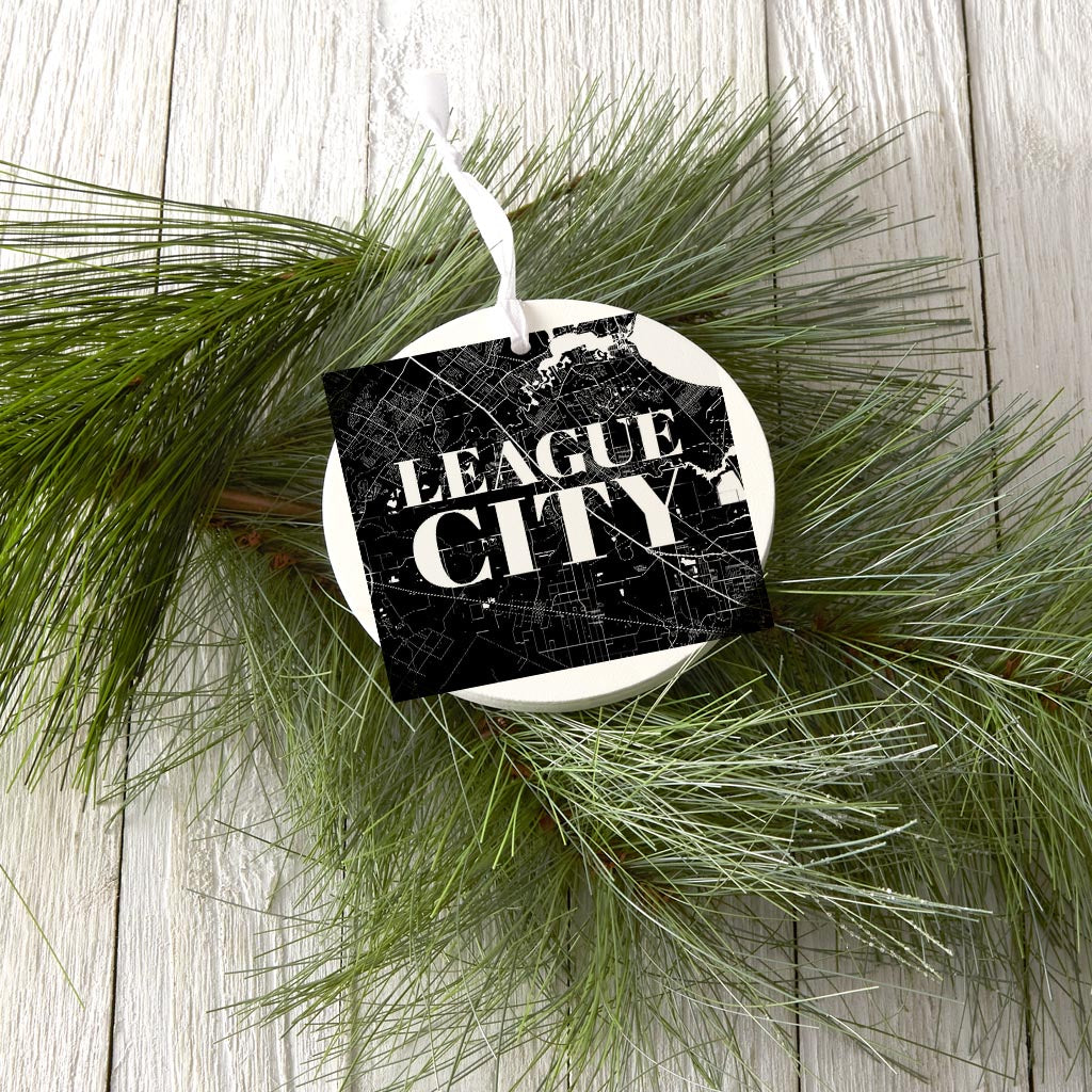 Minimalistic B&W Texas League City Map | Wood Ornament | Eaches | Min 6