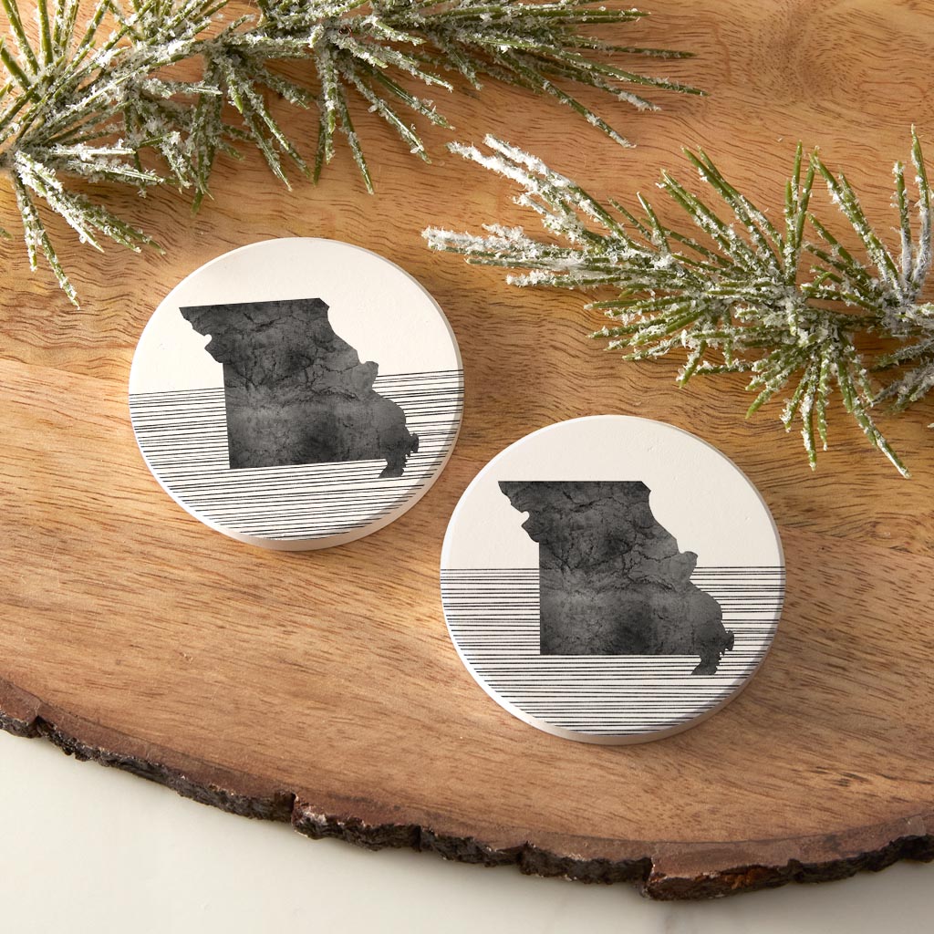 Minimalist B&W Missouri State With Straight Lines | Absorbent Car Coasters | Set of 2 | Min 4