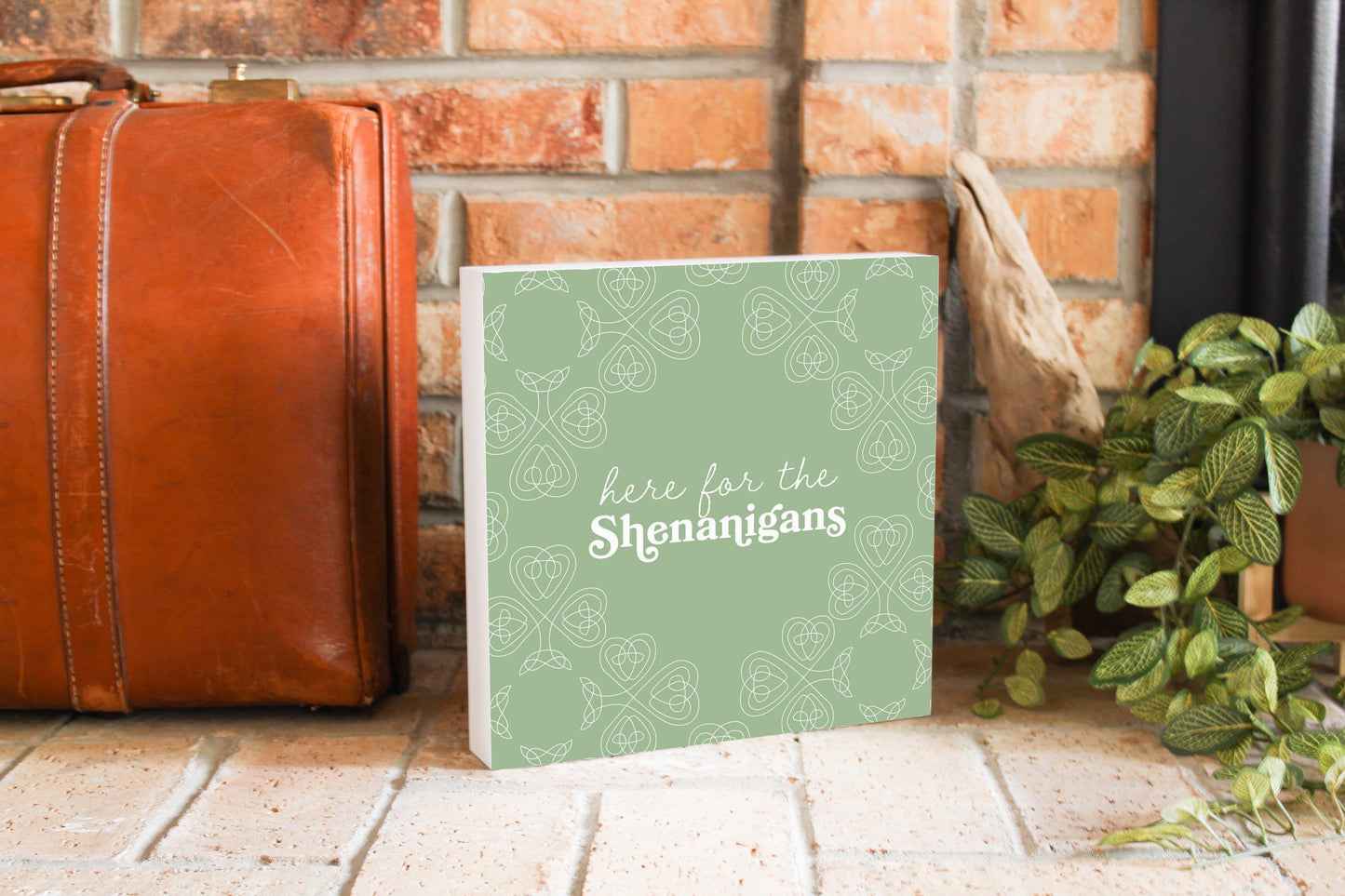 Sage Green Shamrock Here For The Shenanigans | Wood Block | Eaches | Min 2