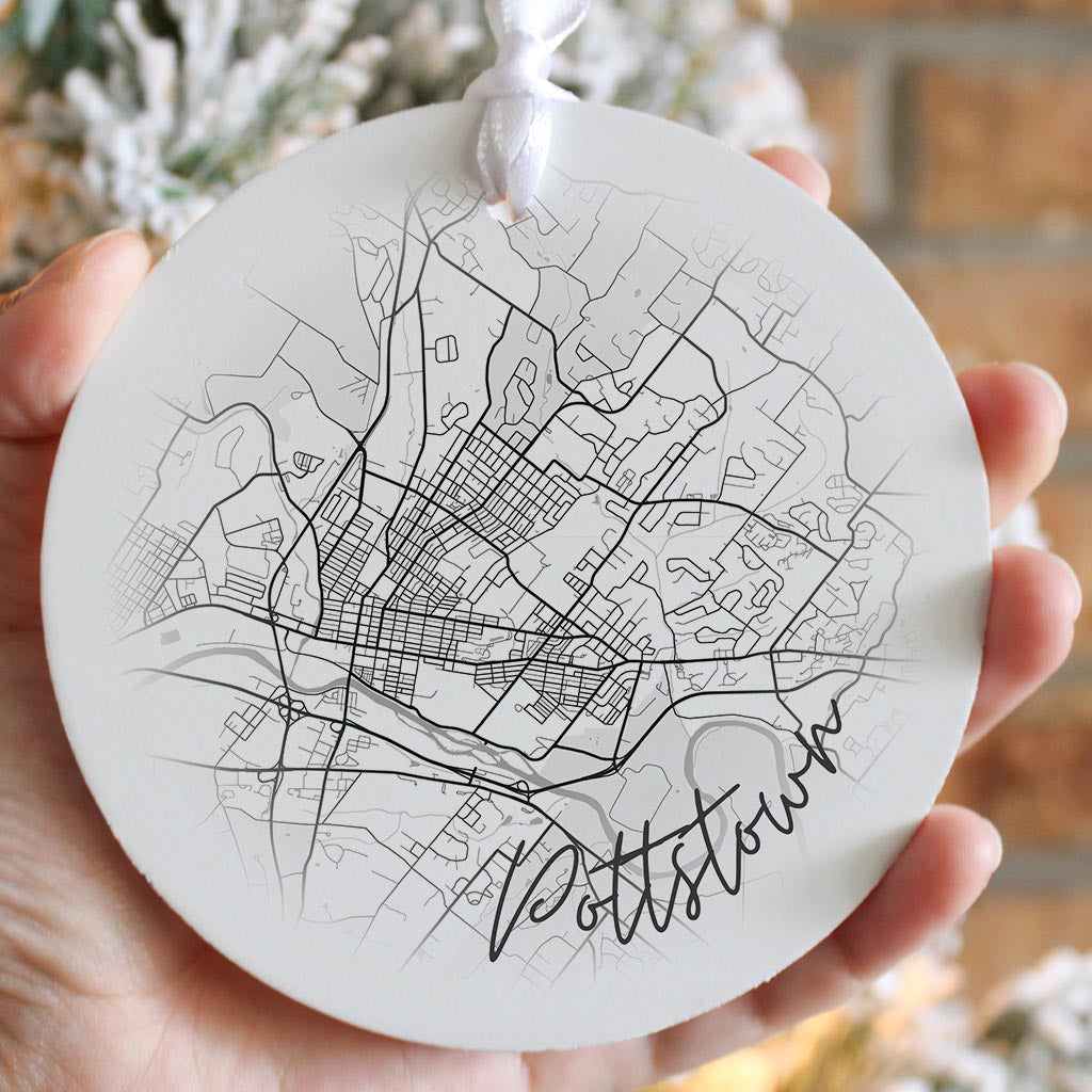 Minimalistic B&W Pennsylvania Pottstown Circle Map| Wood Ornament | Eaches | Min 6
