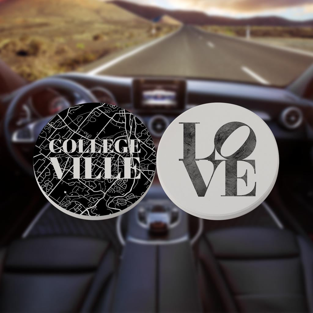 Minimalistic B&W Pennsylvania Collegeville Map Love| Absorbent Car Coasters | Set of 2 | Min 4
