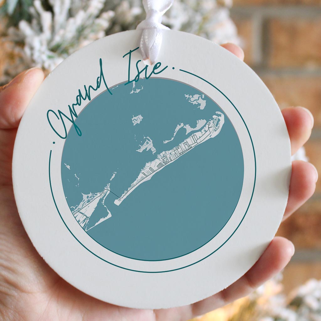 Blue White Grand Isle Circle Map | Wood Ornament | Eaches | Min 6