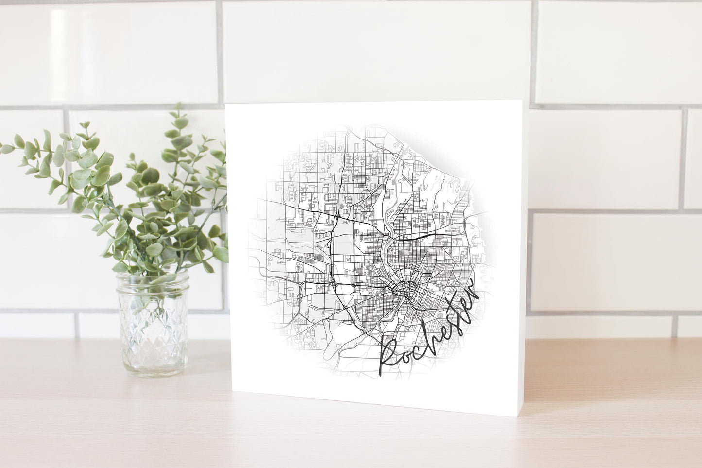 Minimalistic B&W New York Rochester Faded Circle Map | Wood Block | Eaches | Min 2