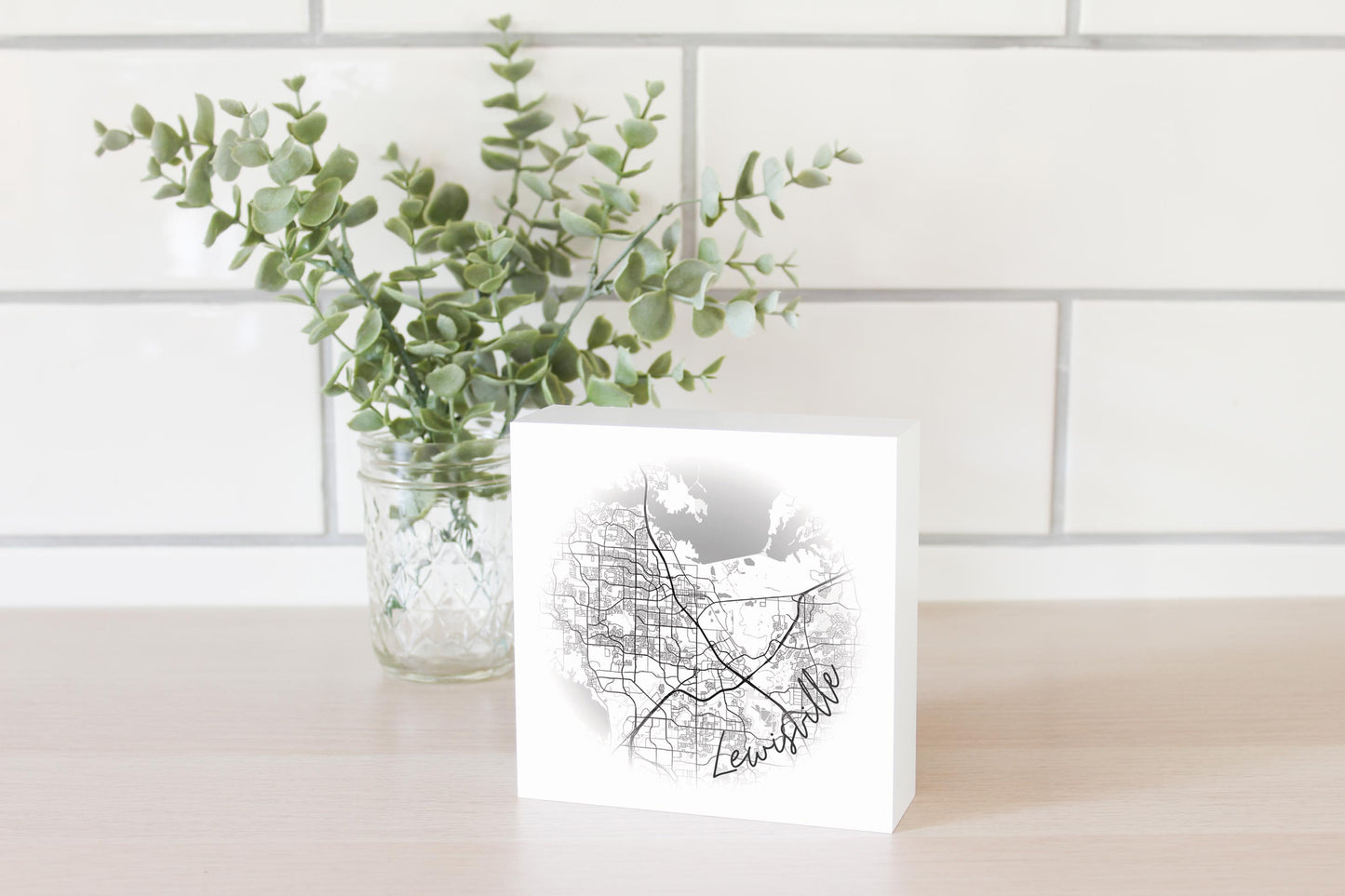 Minimalistic B&W Texas Lewisville Circle Map | Wood Block | Eaches | Min 4