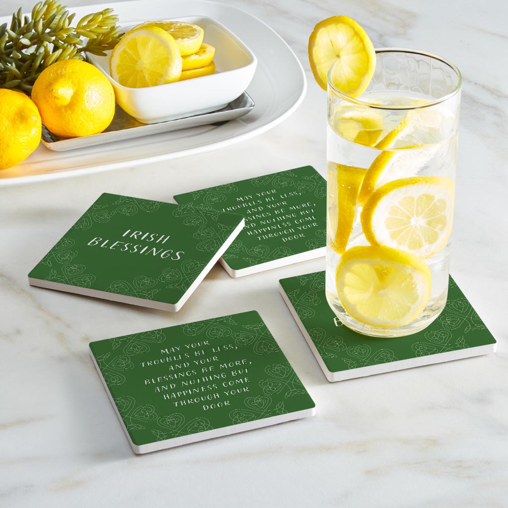 Dark Green Shamrock Irish Blessings Poem | Absorbent Coasters | Set of 4 | Min 2