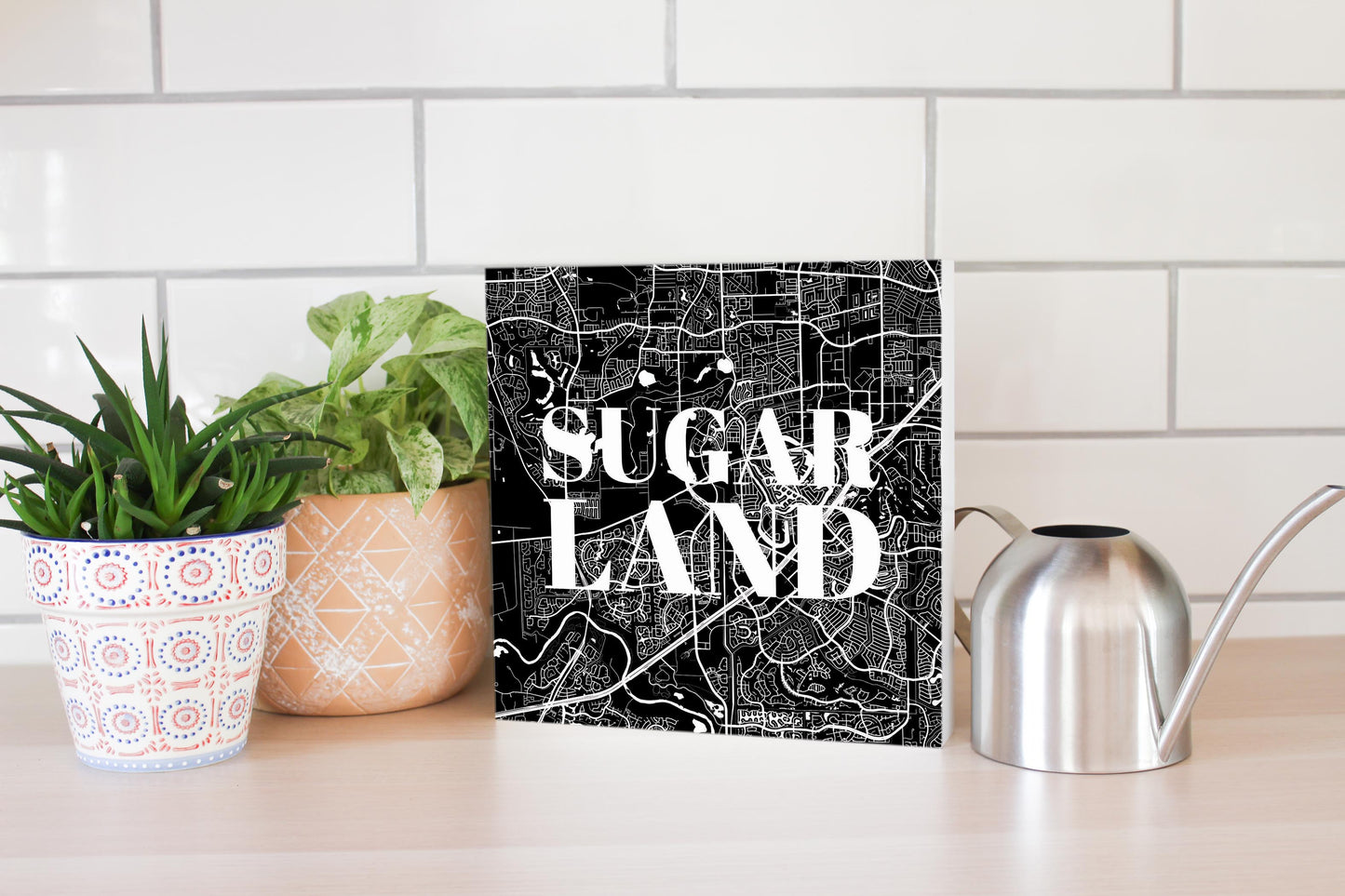 Minimalistic B&W Texas Sugarland Map | Wood Block | Eaches | Min 2
