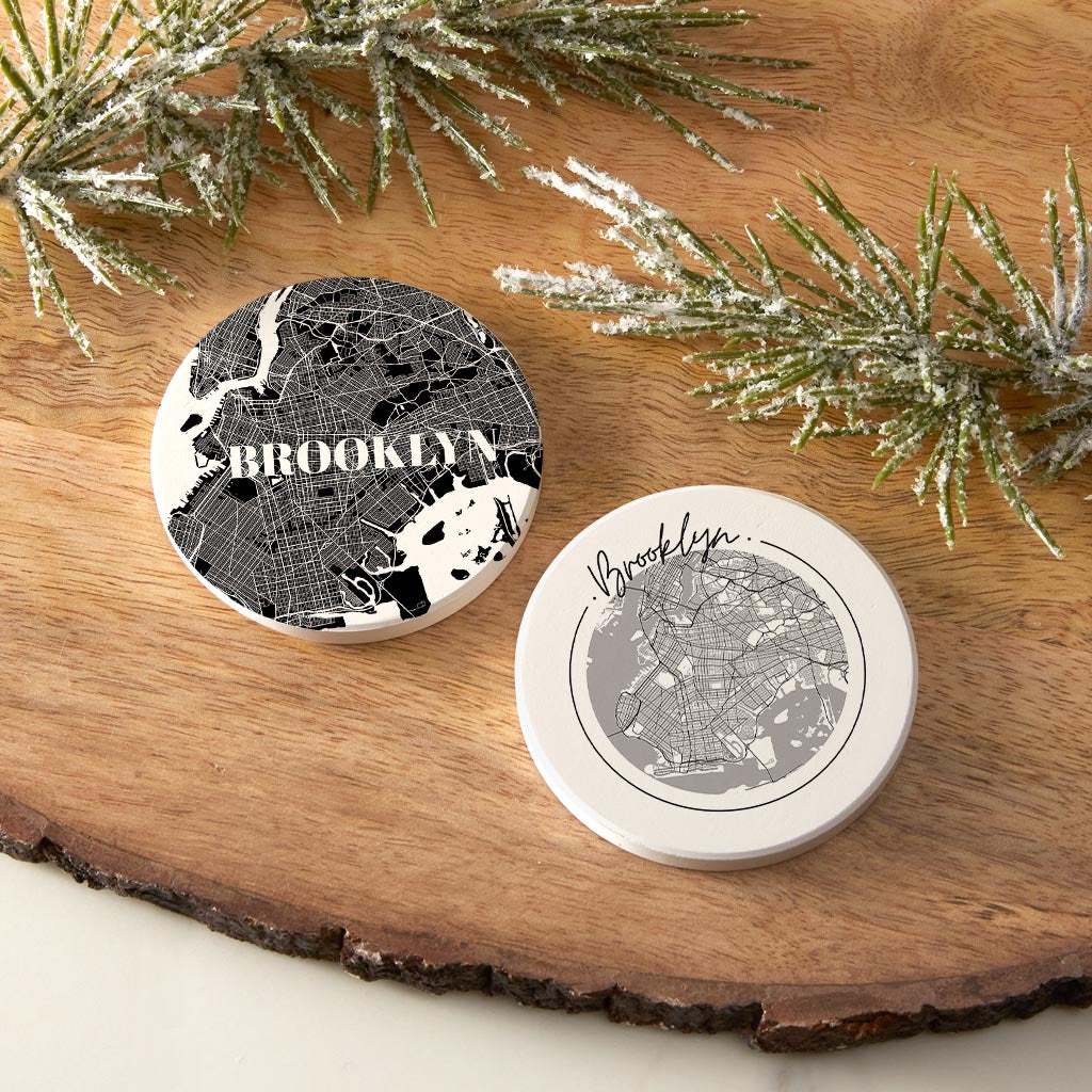 Minimalistic B&W New York Brooklyn Maps | Absorbent Car Coasters | Set of 2 | Min 4