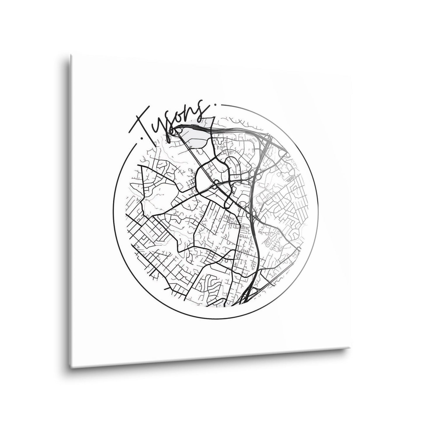 Minimalistic B&W Virginia Tysons Circle Map | Hi-Def Glass Art | Eaches | Min 1