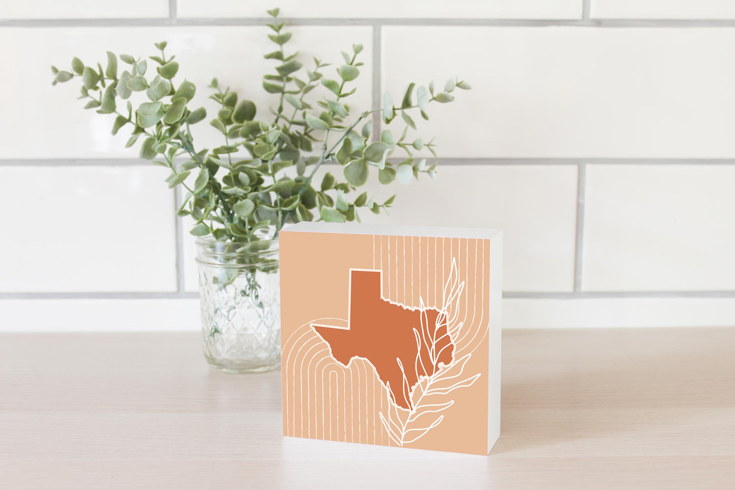 Modern Minimalist Texas State Shape With Leaf | Wood Block | Eaches | Min 4